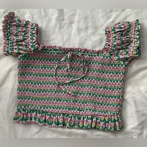 Zara Floral Smocked Crop Top - Pink and Green